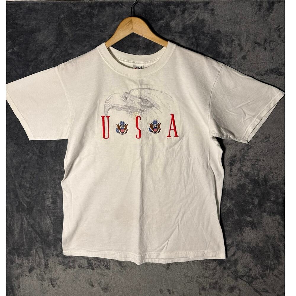 Vtg 90s Anvil Embroidered USA Bald Eagle T Shirt Large White Great Seal